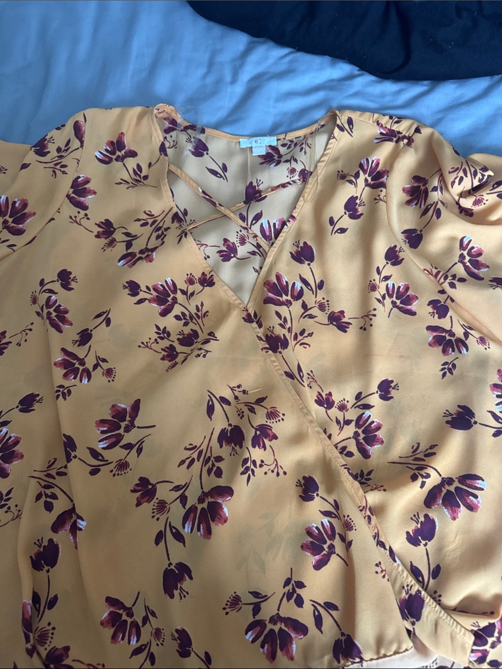 Charming Charlie Mustard Floral Wrap Blouse with Purple Print